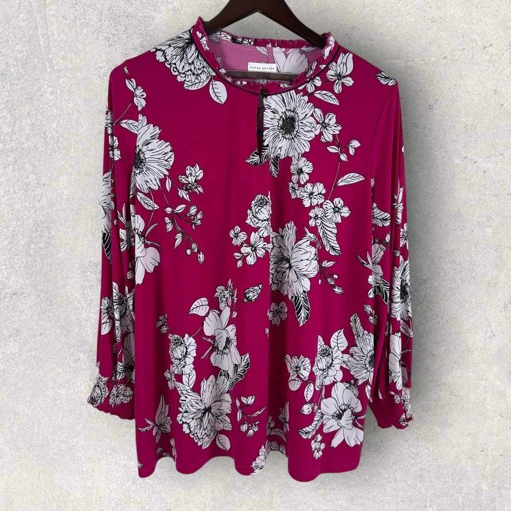 Susan Graver Liquid Knit‎ Bright Pink Popover Floral Top Boho A347090 Size 3x